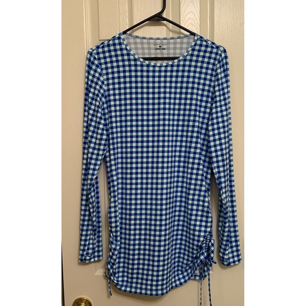 Draper James x Lands End Swim Medium Blue Gingham Long Sleeve Tunic Rash Guard
